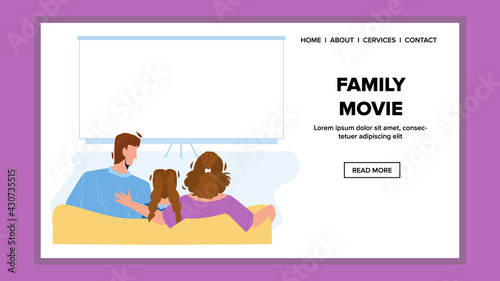 Family Movie Watching On Screen Together Vector. Father, Mother And Daughter Sit On Couch And Watch Family Woman On Home Cinema Monitor. Characters Enjoying Together Web Flat Cartoon Illustration