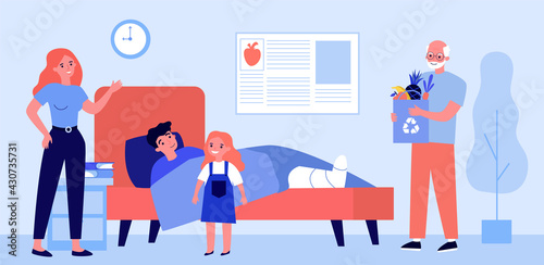 Cartoon relatives visiting young man with broken leg. Flat vector illustration. Father, wife, daughter caring about their loved one lying in hospital bed. Family, care, love, hospital, trauma concept