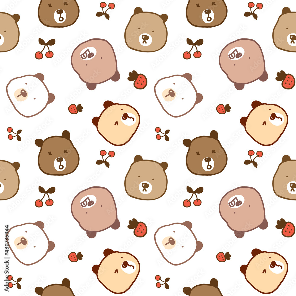 Seamless Pattern of Cartoon Bear Face, Cherry and Strawberry Design on White Background Seamless Pattern of Cartoon Bear Face, Cherry and Strawberry Design on White Background