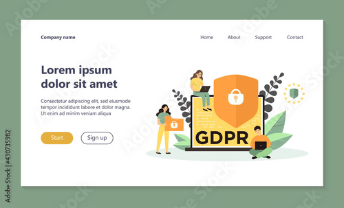 Shield with lock on computer display as symbol of general data protection regulation. People sure of their privacy while using gadgets. Vector illustration for GDPR, information protection concept