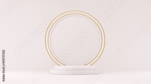 Presentation stand on a white background. Cylindrical presentation podium and golden circles. 3d render illustration for advertising.