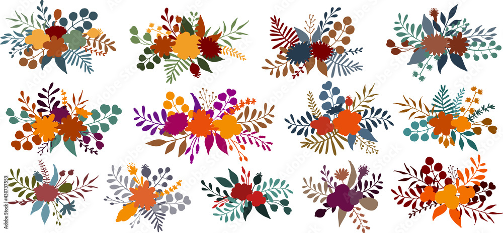 autumn fall floral flowers branches twigs bouquets, arrangements, isolated vector illustration autumn fall floral flowers branches twigs bouquets, arrangements, isolated vector illustration