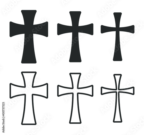 Cross vector shape symbol collection. Christianity sign set. Christian religion icon. Catholic and protestant faith logo or image. Teutonic crusader label. Gothic crusade crucifix.