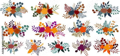 autumn fall floral flowers branches twigs bouquets  arrangements  isolated vector illustration