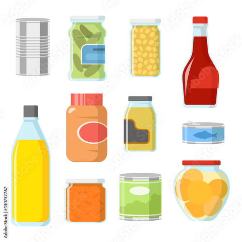 Different food in cans and jars vector illustrations set. Collection of cartoon tinned goods, fish, sauce, beans, soup for pantry or storage on white background. Food, supermarket, grocery concept