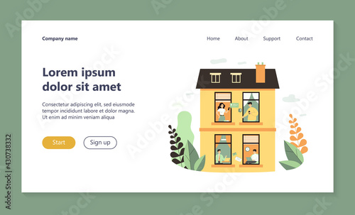 Various people using digital devices in windows. Laptop, smartphone, chat flat vector illustration. Accommodation and neighborhood concept for banner, website design or landing web page