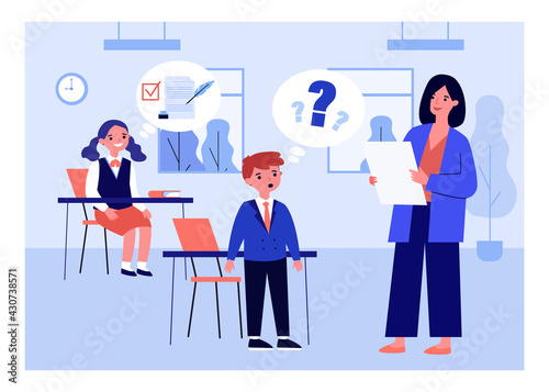 Cartoon teacher conducting class for excellent and bad pupils. Flat vector illustration. Teacher asking confused boy question and girl thinking about right answer. Education, school, grade concept