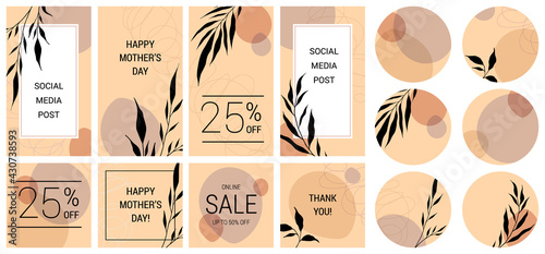 Vector set of Social Media post, stories, bloggers, advertising template, cover, Mockup, invitations, banners. Mothers Day design with purple, beige color.