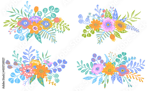 set of colorful spring floral flowers branches twigs bouquets and arrangements  isolated vector illustration