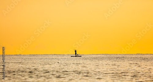 A girl on a board with an oar floats on the sea