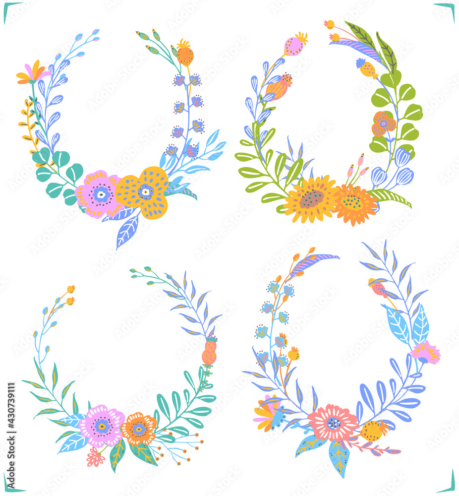 colorful floral flowers branches twigs wreaths set, isolated vector illustration