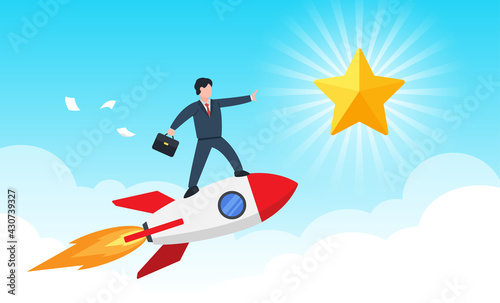 Businessman reaches hand to golden star while stands on flying rocket. Creative concept idea of achieving business goal or target. Simple trendy cute cartoon vector illustration. Flat style graphic.