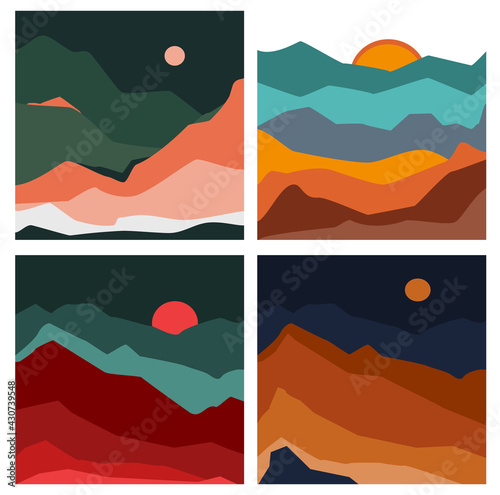 set of abstract square wavy shapes mountain and hills landscapes, vector illustration scenery in earthy color palette