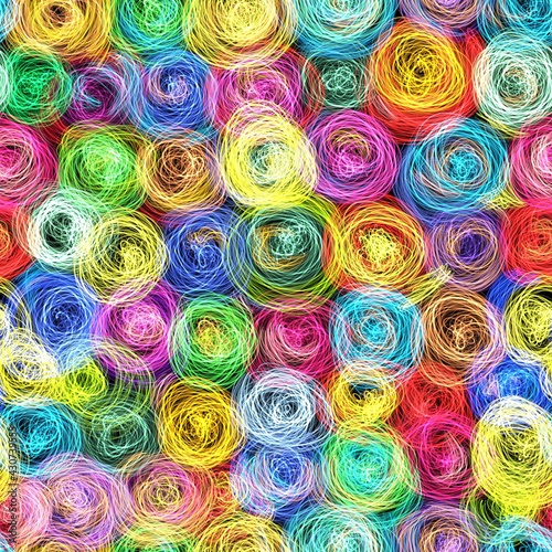 Seamless pattern of multicolored circles drawn by hand with bright pencils. Stylish fashion modern design of fabric, clothing, packaging, background, wallpaper, packaging paper design.