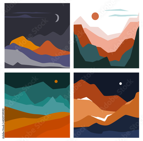set of abstract wavy shapes mountain and hills landscapes, vector illustration scenery in earthy color palette
