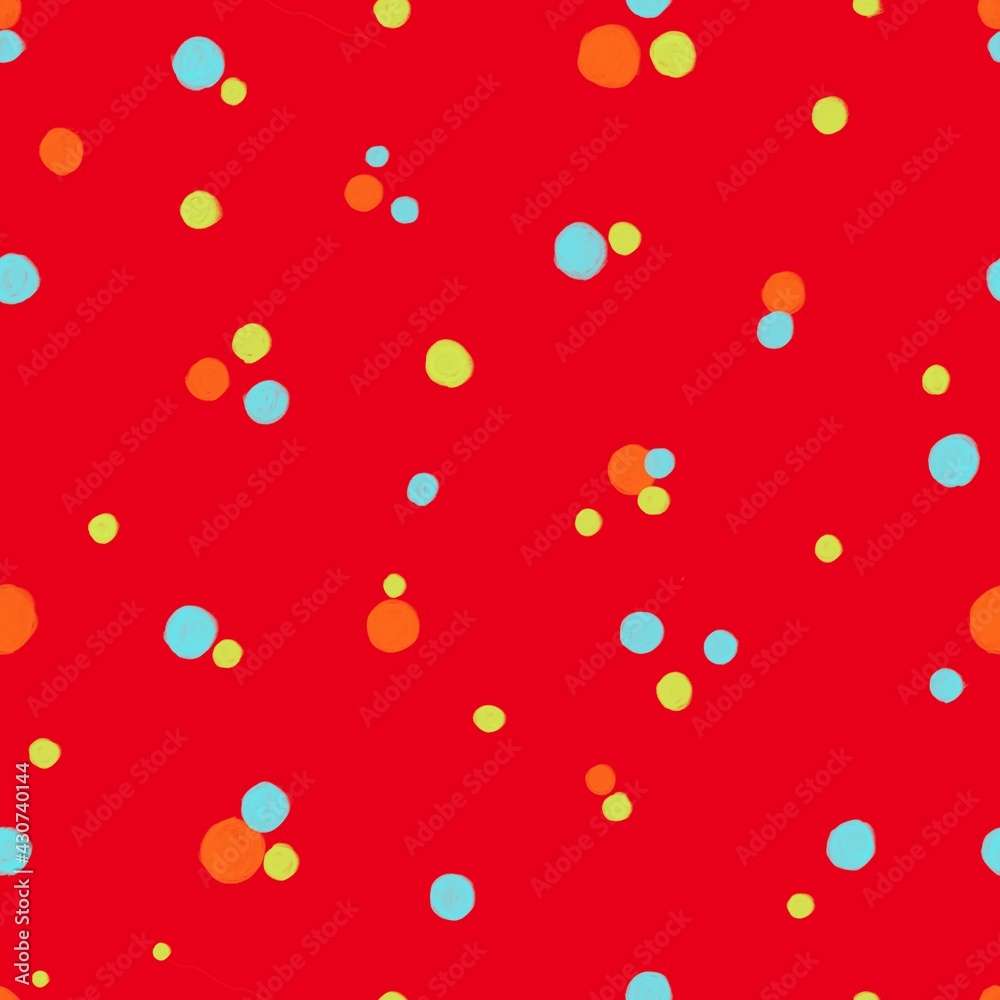 Seamless bright beautiful background of colorful balls on a red background. Design of packaging paper, background, template, textile, fabric, wallpaper. Seamless bright beautiful background of colorful balls on a red background. Design of packaging paper, background, template, textile, fabric, wallpaper.