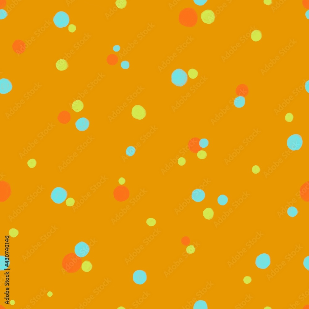 Seamless bright beautiful background of colorful balls on a yellow background. Design of packaging paper, background, template, textile, fabric, wallpaper.