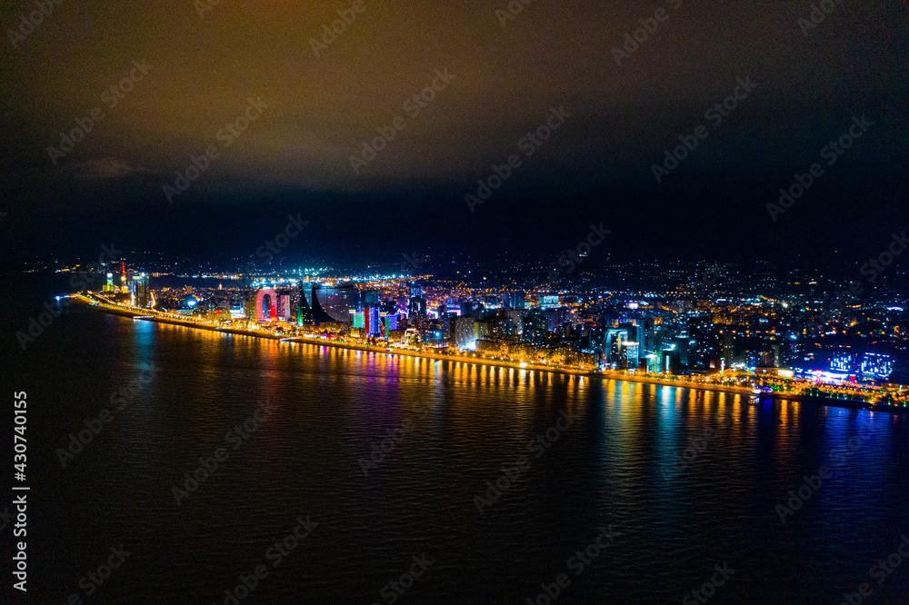 View of the night city from a drone