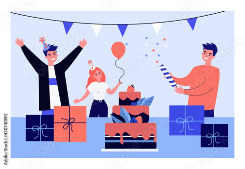 Young people having fun at birthday party. Flat vector illustration. Group of friends celebrating together with balloons, cake, lots of presents and gifts. Holiday, birthday, friendship, party concept