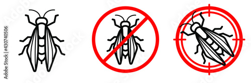 Anti wasp vector line icon set. Editable stroke. Red prohibiting sign and aim sign with insect inside. Minimal design