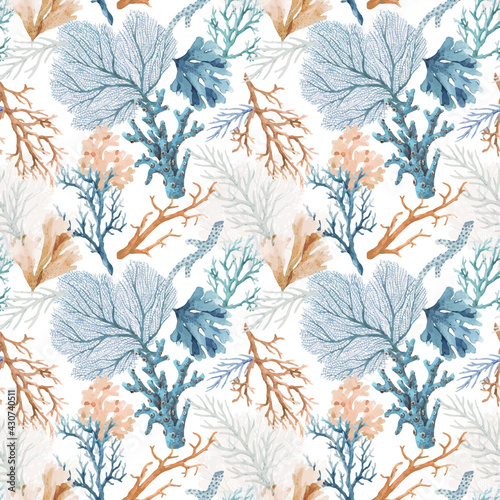 Beautiful vector seamless underwater pattern with watercolor sea life colorful corals. Stock illustration.