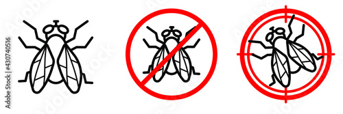 Anti fly vector line icon set. Editable stroke. Red prohibiting sign and aim sign with insect inside. Minimal design