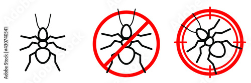 Anti ant vector line icon set. Editable stroke. Red prohibiting sign and aim sign with insect inside. Minimal design