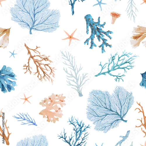 Beautiful vector seamless underwater pattern with watercolor sea life colorful corals. Stock illustration.