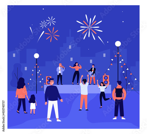 Open air music concert flat vector illustration. Cartoon people dancing to music and watching live concert in city. Singer and musicians playing on stage under fireworks. Concert, music, band, concept
