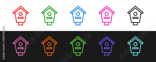 Set line Bird house icon isolated on black and white background. Nesting box birdhouse, homemade building for birds. Vector