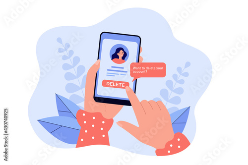 Girl deleting her social network account and information from website. Female hands holding smartphone, online problem vector illustration. Modern technology, social media, Internet addiction concept