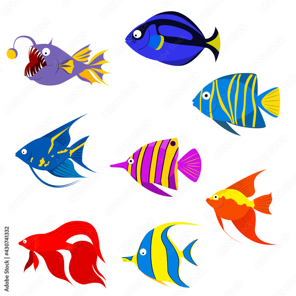 a set of sea fish. Vector isolated on white background.