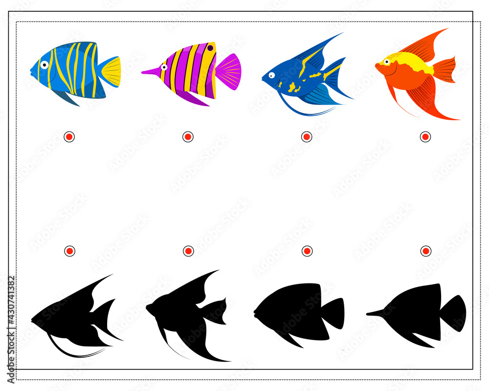 puzzle game for kids find the right shadow, sea fish. vector Stock Vector