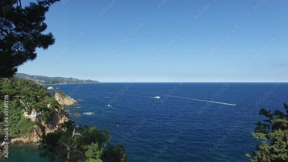 Flyover Resort Pool with Amazing Ocean View at Popular Wedding Location Convent de Blanes, Spain, Aerial Flyover Resort Pool with Amazing Ocean View at Popular Wedding Location Convent de Blanes, Spain, Aerial