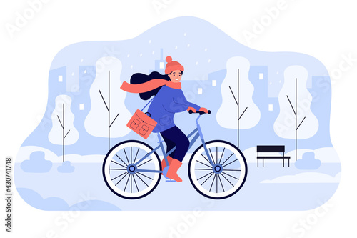 Happy girl riding bicycle in winter park. Young female cartoon cyclist on bike cycling along street of cold snowy city. Colorful flat vector illustration. Outside activity, sport, weather concept