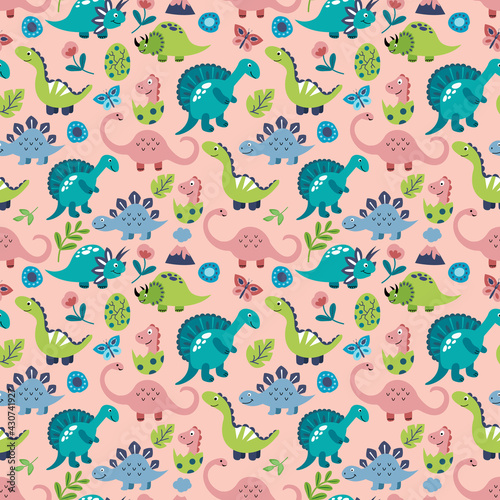 Seamless pattern with cute hand drawn dinosaurs. Design of fabrics, textiles, wallpaper, packaging, decoration of a children's room.	