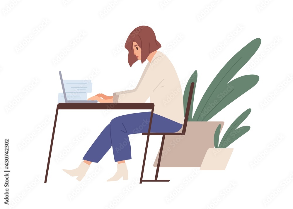 Woman working with laptop and documents behind desk. Busy office worker at workplace. Side view of person sitting at table. Colored flat vector illustration isolated on white background Woman working with laptop and documents behind desk. Busy office worker at workplace. Side view of person sitting at table. Colored flat vector illustration isolated on white background