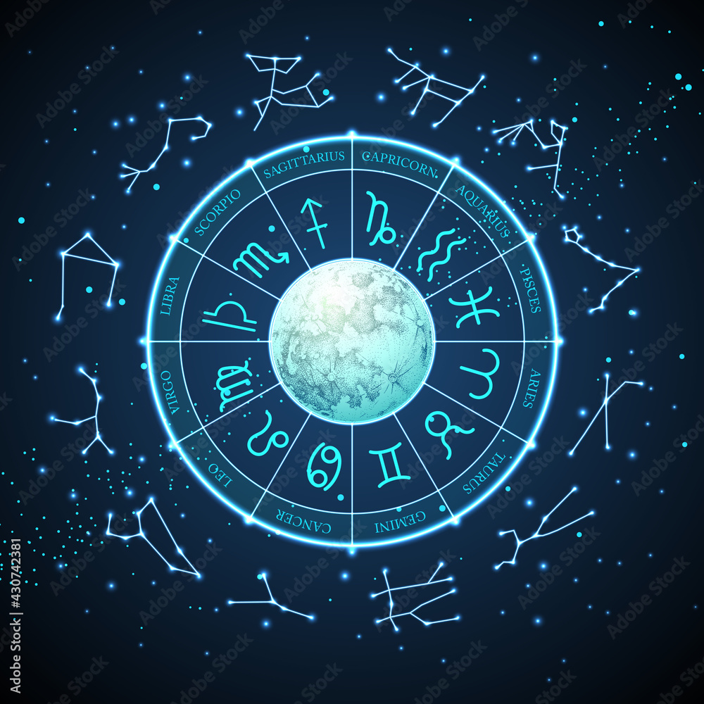 Naklejka premium Modern magic witchcraft Astrology wheel with zodiac signs on space background. Neon Horoscope vector illustration