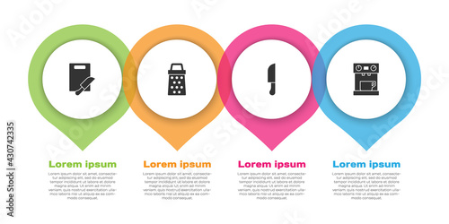 Set Cutting board and knife, Grater, Knife and Coffee machine. Business infographic template. Vector