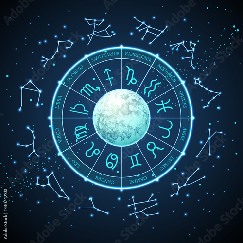Modern magic witchcraft Astrology wheel with zodiac signs on space background. Neon Horoscope vector illustration