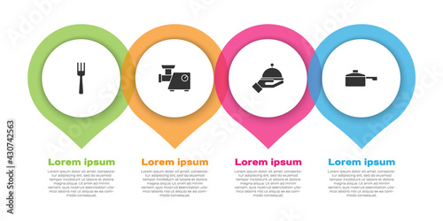 Set Fork, Kitchen meat grinder, Covered with tray and Frying pan. Business infographic template. Vector