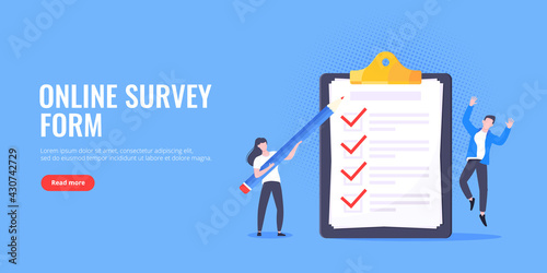 Checklist complete business concept tiny people with pencil nearby giant clipboard, task done and check mark ticks flat style design vector illustration isolated white background.
