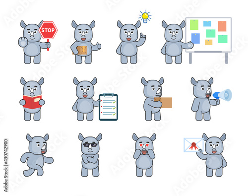 Cute rhino mascots in various situations. Cheerful rhino holding stop sign, parcel, loudspeaker, box, reading book and other actions. Modern vector illustration photo