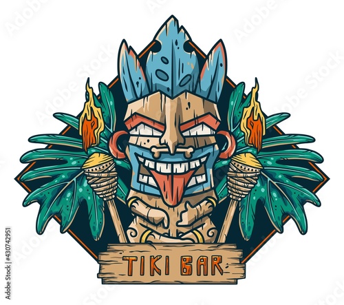 Surfing tiki mask hawaii wooden tiki mask for trendy bar. Traditional ethnic idol and hawaiian surf, maori or polynesian. Design old tribal totem