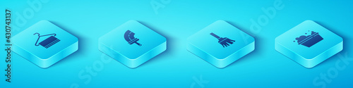 Set Isometric Towel on hanger, Rubber cleaner for windows, Basin with soap suds and Feather broom icon. Vector