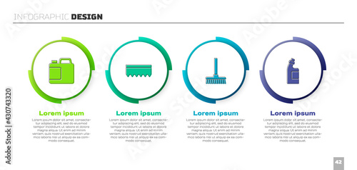 Set Bottle for cleaning agent, Sponge, Handle broom and . Business infographic template. Vector