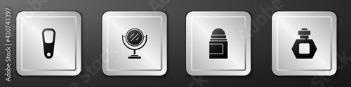 Set Pumice for feet, Round makeup mirror, Antiperspirant deodorant roll and Perfume icon. Silver square button. Vector