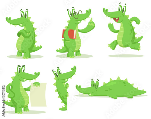 Cartoon crocodile character vector illustrations set. Collection of drawings of cute alligator standing  running  teaching  sleeping isolated on white background. Animals  mascot concept