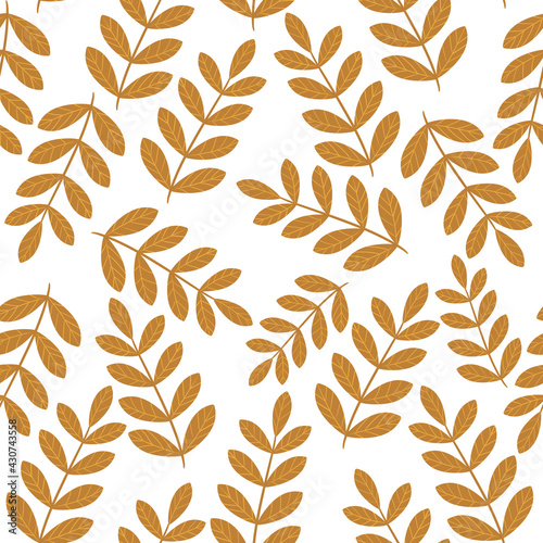 Seamless floral pattern with golden branches with hand drawn leaves on a white background for textiles, paper, clothes, cards, souvenirs