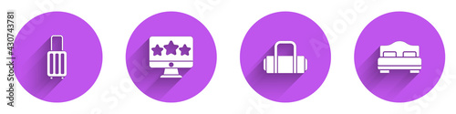 Set Suitcase, Five stars rating review, and Hotel room bed icon with long shadow. Vector